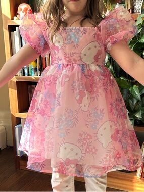 Hello Kitty Pink and White Kawaii Puff Sleeve Sheer Dress